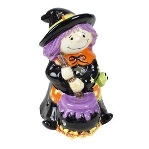 Ceramic Witch Candle Holder Cauldron & Frog Kitsch Cottagecore Halloween Brew